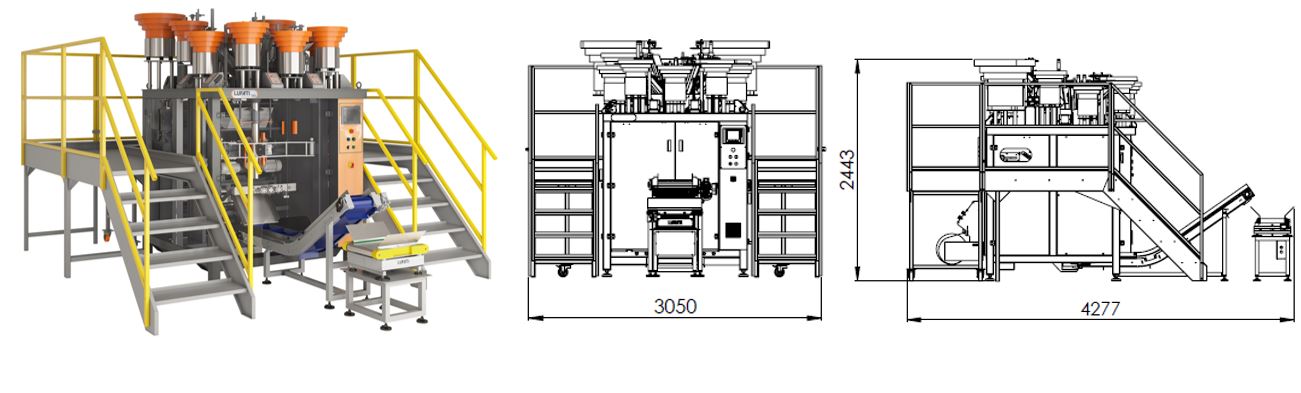 Contadora e empacotadora com mezanino lateral